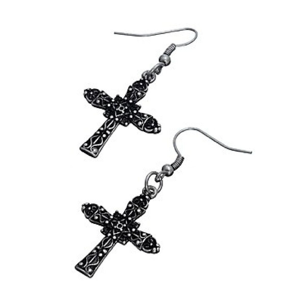 Silver Antique Cross Drop Earrings – Fish Hook Back, 1 1/4” Length